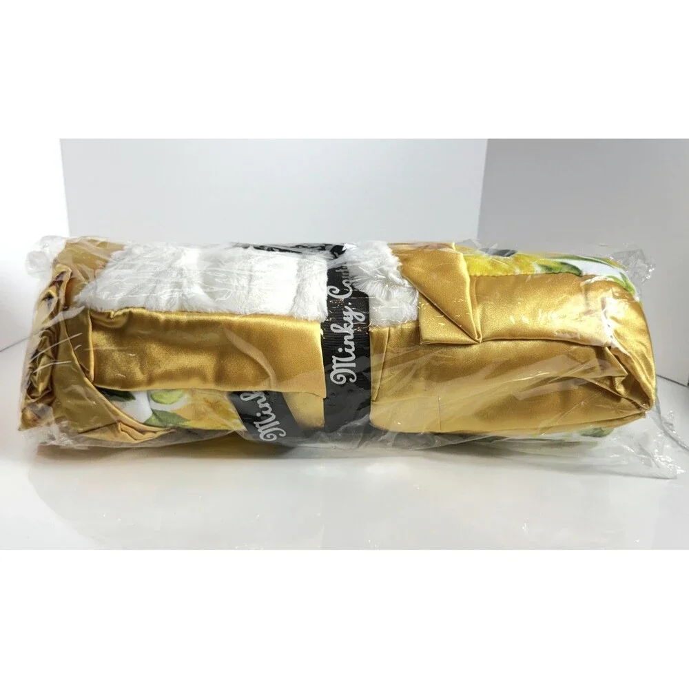 Minky Couture Tween Sunflower Gold White Faux Fur Throw Blanket Soft NWT